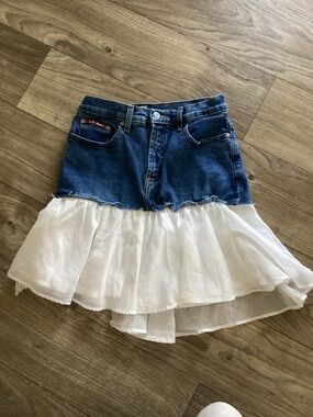 DIY shabby chic cottage core coquette Denim and White Ruffle Midi Skirt